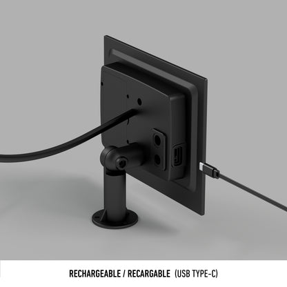 The Artika Blaze 20 LED Outdoor Solar String Lights are shown from the back, attached to a swivel stand with two cables connected—one to a round port and one to a USB Type-C port. Text reads “RECHARGEABLE / RECARGABLE (USB TYPE-C).”.