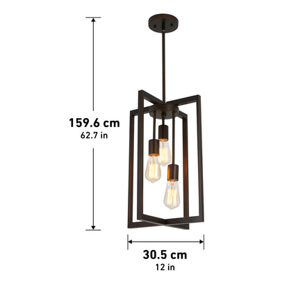 The Artika Yale 3-light Chandelier features a modern rectangular metal frame with three exposed bulbs. Measuring 159.6 cm tall and 30.5 cm wide, it is shown on a white background.