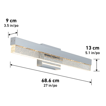 Artika Essence Bubble Bar LED bathroom vanity light features a rectangular modern design with sparkling glass. Measures 68.6 cm (27 in) wide, 13 cm (5.1 in) tall, and 9 cm (3.5 in) deep.