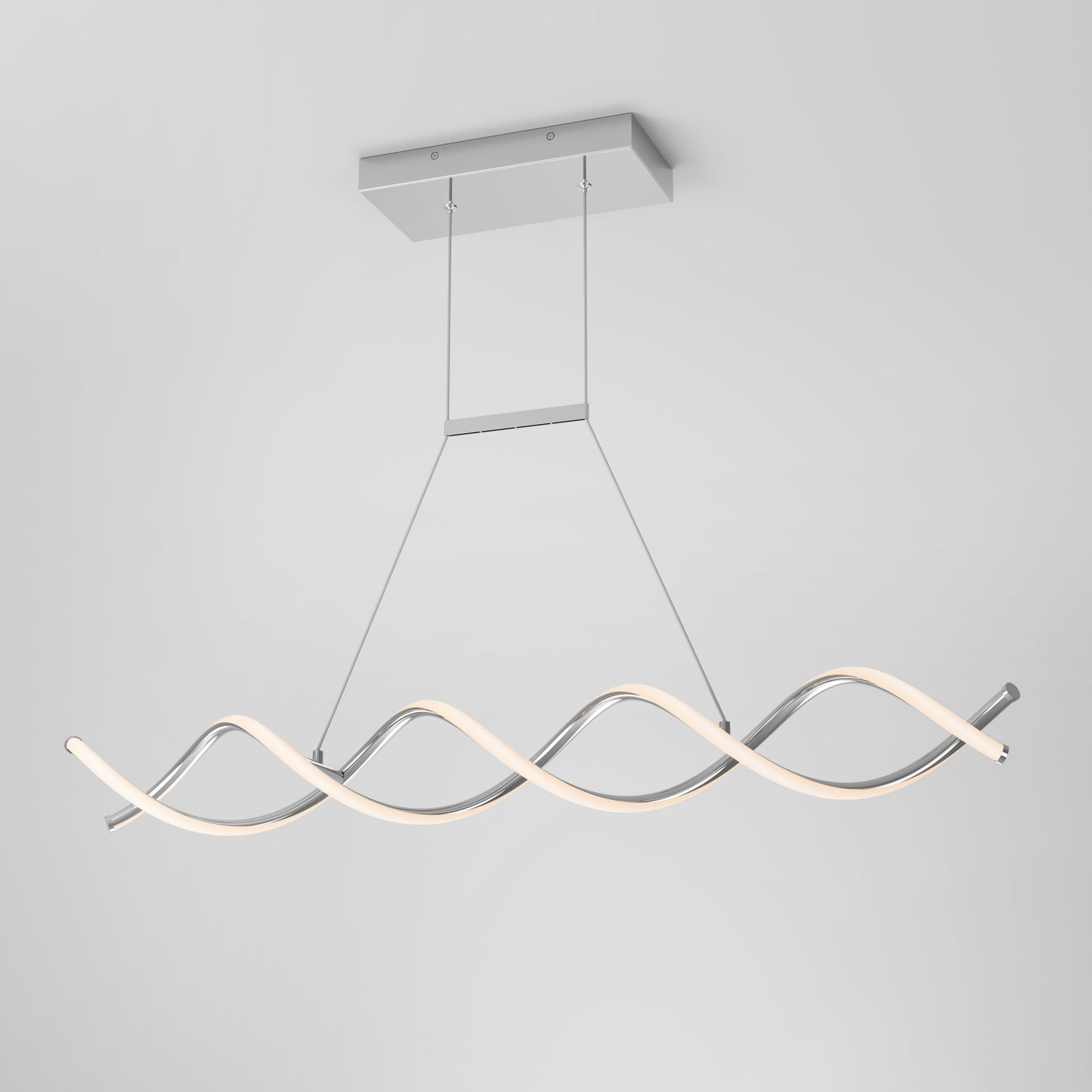 The DNA Linear LED modern pendant light by Artika-CAN-dev features two intertwined wavy metal rods with built-in LEDs emitting a soft white glow, suspended from a rectangular mount by slender wires.