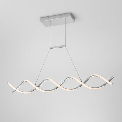 The DNA Linear LED modern pendant light by Artika-CAN-dev features two intertwined wavy metal rods with built-in LEDs emitting a soft white glow, suspended from a rectangular mount by slender wires.