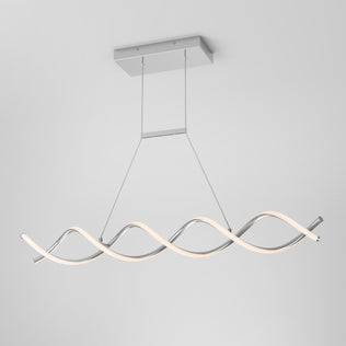 Artikas DNA Linear LED modern pendant light features a wave-shaped design with intertwined metal and LED tubes, suspended by two slim cords from a rectangular ceiling mount against a plain white background.