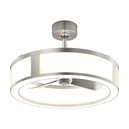 The Artika Huxley 23 in. LED modern ceiling fan features a sleek brushed nickel finish, three short blades enclosed within a circular light, and offers 3 speeds for versatile cooling.