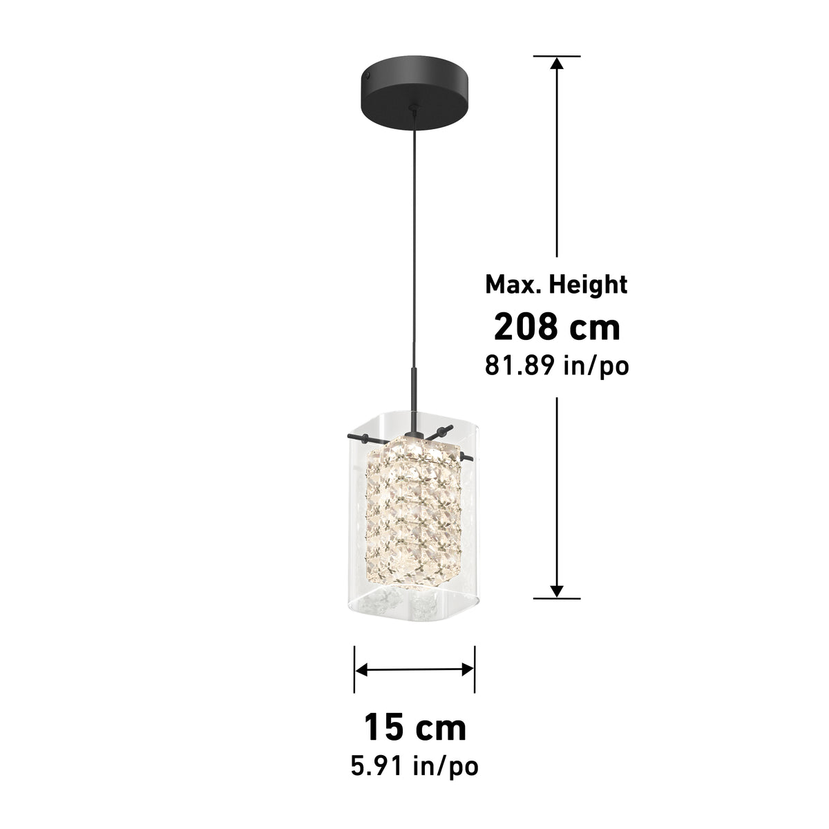 Pendant light with a cylindrical shade and crystal-like design; maximum adjustable height is 208 cm (81.89 inches), and width is 15 cm (5.91 inches). Ceiling mount and hanging cord are black.