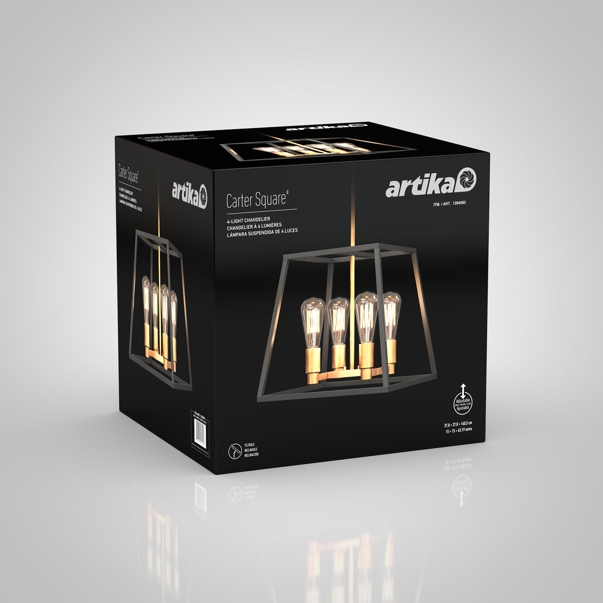 A black Artika Carter Square 4-light LED chandelier box displays the height-adjustable fixture with exposed bulbs and gold accents, showcasing its industrial style against a light gray background.