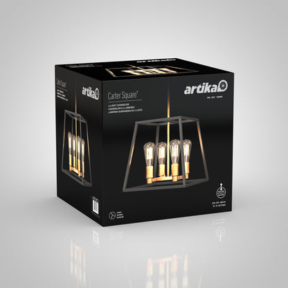 A black box displays the Artika Carter Square 4-light Chandelier, featuring a modern rectangular frame with four exposed bulbs. The packaging shows the product image, brand name, and specs on a gray background.