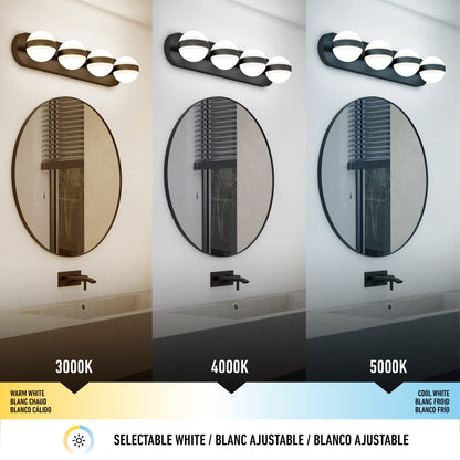 Three side-by-side bathroom mirrors display lighting effects at 3000K, 4000K, and 5000K under the Artika Baldric LED modern bathroom vanity light with 3 CCT.