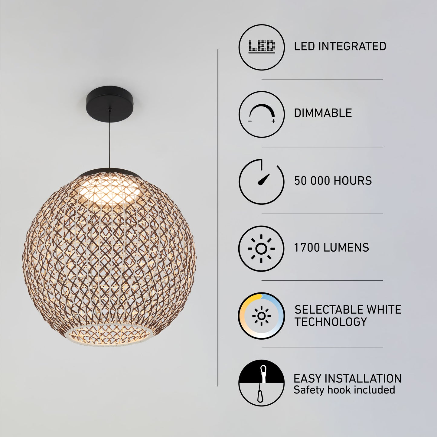 The Artika Benson LED pendant light 5 CCT hangs from the ceiling, with icons showing: LED integrated, dimmable, 50,000 hours lifespan, 1700 lumens, selectable white technology, and easy installation with safety hook.