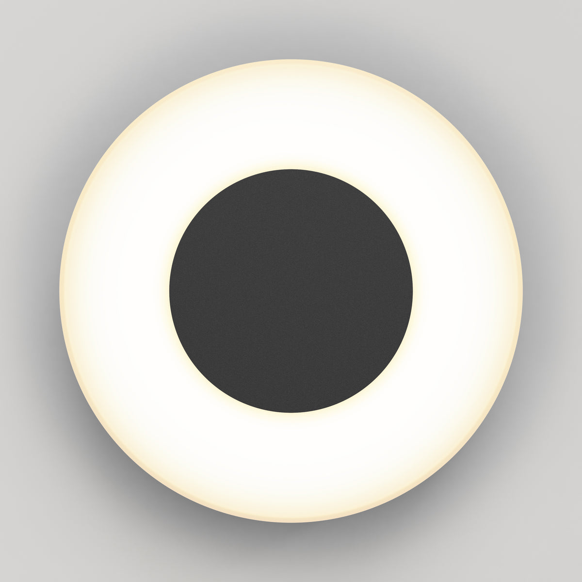 A circular wall light with a black center and a glowing white ring around it, mounted on a light gray background, creating a minimalist and modern appearance.