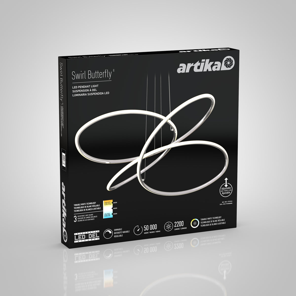 A black Artika box displays the Swirl Butterfly LED pendant light, featuring a modern, looping design in silver. The packaging highlights 50,000 hours lifespan, 2200 lumens, and adjustable height.