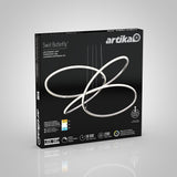 A black Artika box displays the Swirl Butterfly LED pendant light, featuring a modern, looping design in silver. The packaging highlights 50,000 hours lifespan, 2200 lumens, and adjustable height.