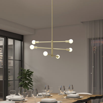 Modern dining room featuring the Artika Aristo LED 5 CCT pendant light, a wooden table set with plates, glasses, napkins, large windows with sheer curtains, and a potted plant in the corner.