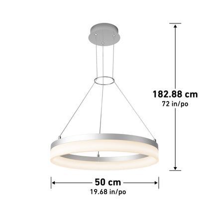 The Artika Optical LED pendant light 3 CCT features a modern circular design with a silver frame, suspended by three wires, measuring 50 cm (19.68 in) in diameter and up to 182.88 cm (72 in) hanging length. Measurements shown with arrows.