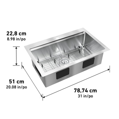 The Artika Newport single bowl 31 in. stainless steel workstation sink is 22.8 cm deep, 51 cm wide, and comes with a bottom metal rack and single drain hole.