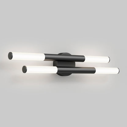 The Artika Boro LED modern bathroom vanity light 5 CCT features two horizontal black bars with white cylindrical lights on both ends, mounted on a round black base and displayed against a light gray background.