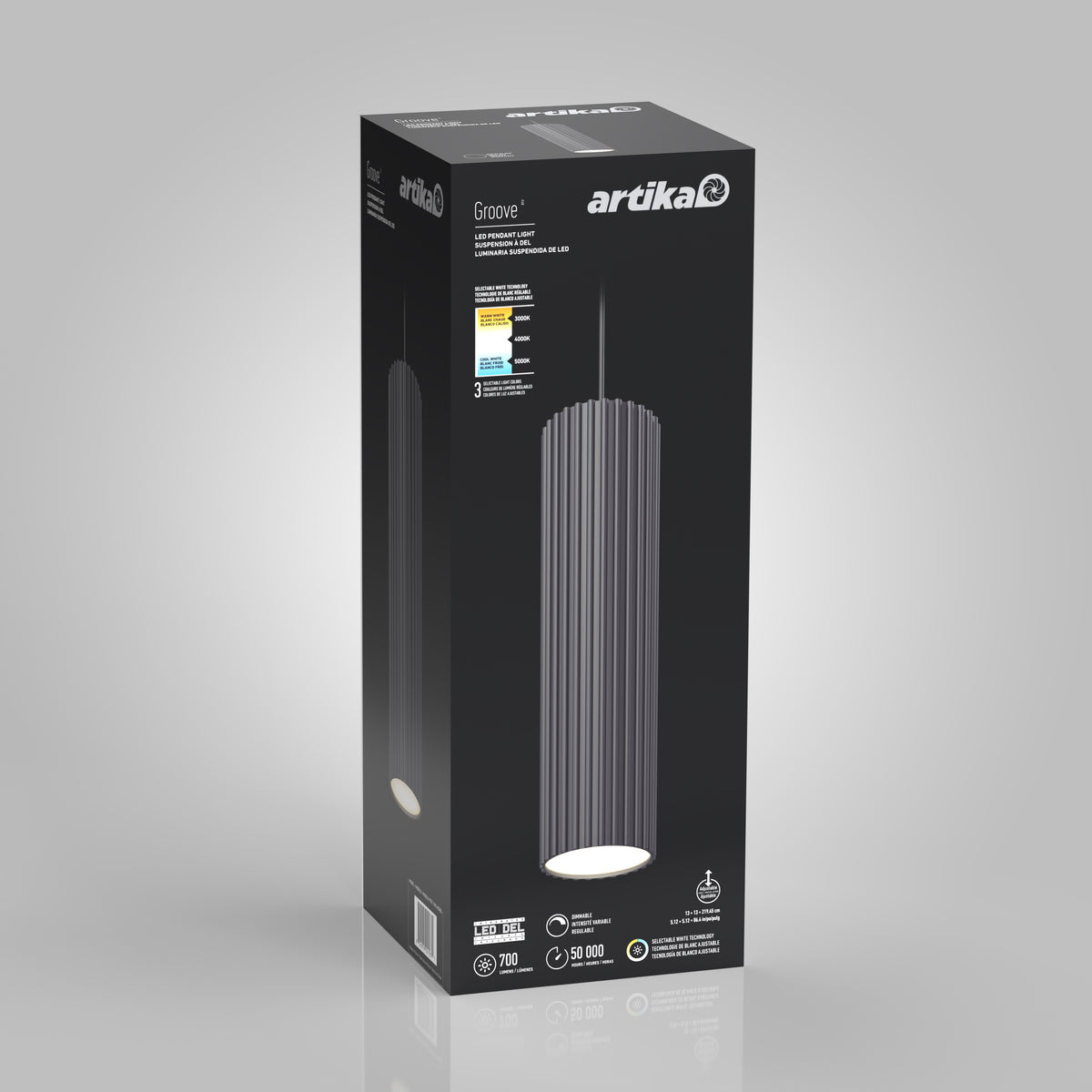 A black Artika Groove pendant light box is shown with an image of the cylindrical, vertical-ridged light fixture and product details on the packaging against a gray gradient background.