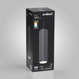 A black Artika Groove pendant light box is shown with an image of the cylindrical, vertical-ridged light fixture and product details on the packaging against a gray gradient background.