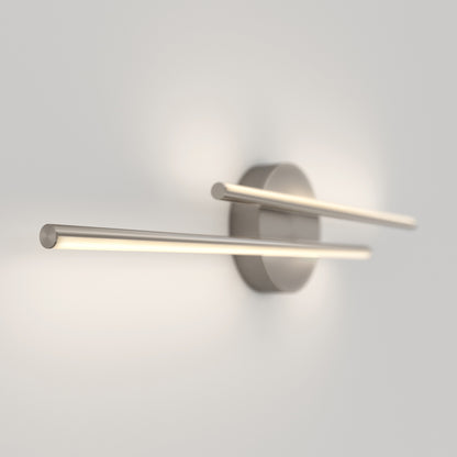 The Artika Cisco modern LED bathroom vanity light 5 CCT features two slim horizontal LED bars extending from a round base, casting a soft glow and adding a contemporary touch to any light-colored wall.