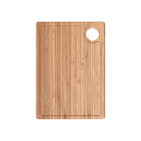Rectangular wooden cutting board with rounded corners and a circular hole in the top right corner, placed on a white background.