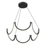 A modern black chandelier with two tiers of curved LED light bars, each tier suspended from a round ceiling mount by thin wires. The design features smooth, wave-like arcs for a contemporary look.
