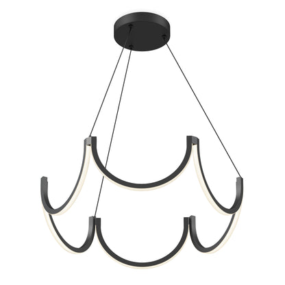 The Artika Adelia LED pendant light 5 CCT is a modern black fixture with two tiers of curved LED bars, suspended by cables from a round ceiling mount.