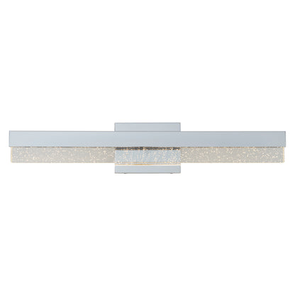 The Artika Essence Bubble Bar LED bathroom vanity light features a modern horizontal design with a sleek silver frame, textured sparkling inner panel, and mounts on a central square base against a white background.