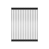 A top-down view of a rectangular rack with parallel, evenly spaced silver rods connected by black end pieces on both the top and bottom sides, set against a white background.