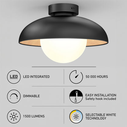 The Artika Boden LED flush mount light 5 CCT is a modern black ceiling light with a globe bulb, featuring integrated LED, 50,000-hour lifespan, dimmable function, easy installation with safety hook, 1500 lumens, and selectable white technology.