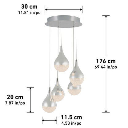Artika Glitzer 5-light LED pendant features five teardrop glass shades filled with crystals. Fixture dimensions and hanging lengths are labeled in both centimeters and inches.