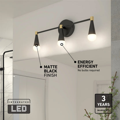 The Artika Wayden LED mid-century bathroom vanity light 3 CCT features a matte black finish and dual spotlights. Mounted above the mirror, it offers energy efficiency and comes with a 3-year warranty.
