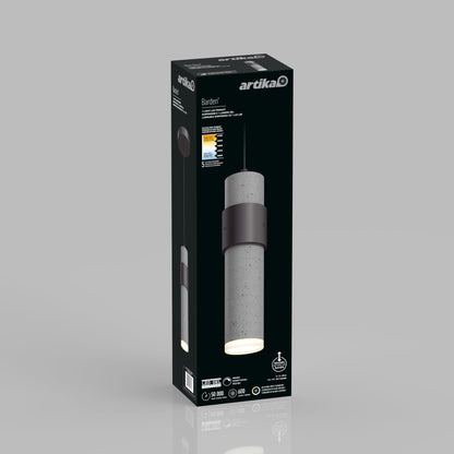 A black box displays a photo of the Artika Barden 1-light LED pendant 5 CCT, with icons for dimmable LED, 650 lumens, 9.5W, and adjustable height. The packaging appears against a gray background.