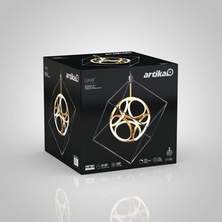 A black box displays Artikas Luxury LED pendant light, showcasing its gold geometric spherical design on the front and top, with product features listed at the bottom of the packaging.