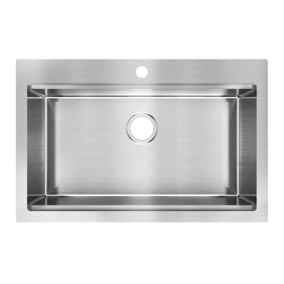 A close-up of the Artika Newport single bowl 31 in. stainless steel workstation sink.