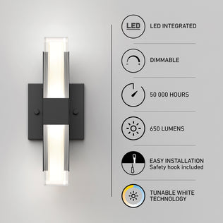 Artika Gemini indoor-outdoor LED wall light: a rectangular black sconce with tunable white, dimmable, 650-lumen LED technology and 50,000-hour life.