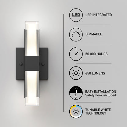 Artika Gemini indoor-outdoor LED wall light: a rectangular black sconce with tunable white, dimmable, 650-lumen LED technology and 50,000-hour life.