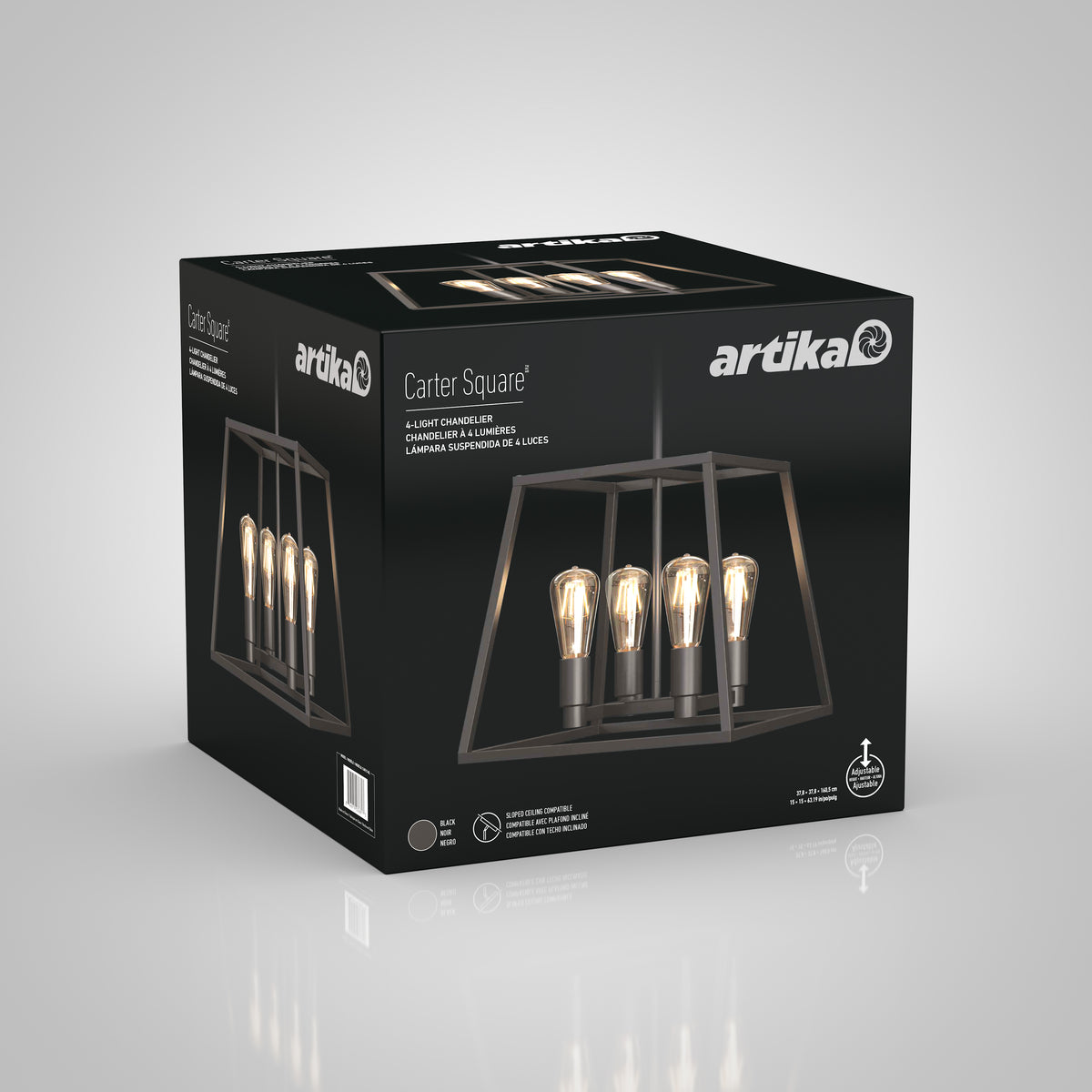A black box with the brand name Artika, displaying a Carter Square chandelier with four exposed vintage bulbs in a rectangular metal frame. The product image is shown on two sides of the packaging.