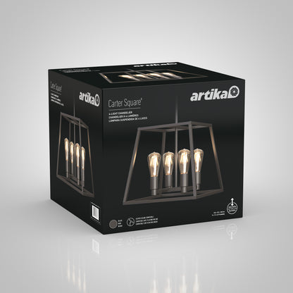 The Artika Carter Square 4-light Chandelier comes in black box packaging showcasing its modern, rectangular metal frame with four exposed bulbs. Product details and Artika branding are also displayed on the box.