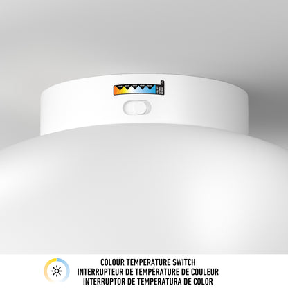White Adara 15 in. (38 cm) Modern LED Flush Mount Ceiling Light 5 CCT with a side switch for adjusting color temperature.