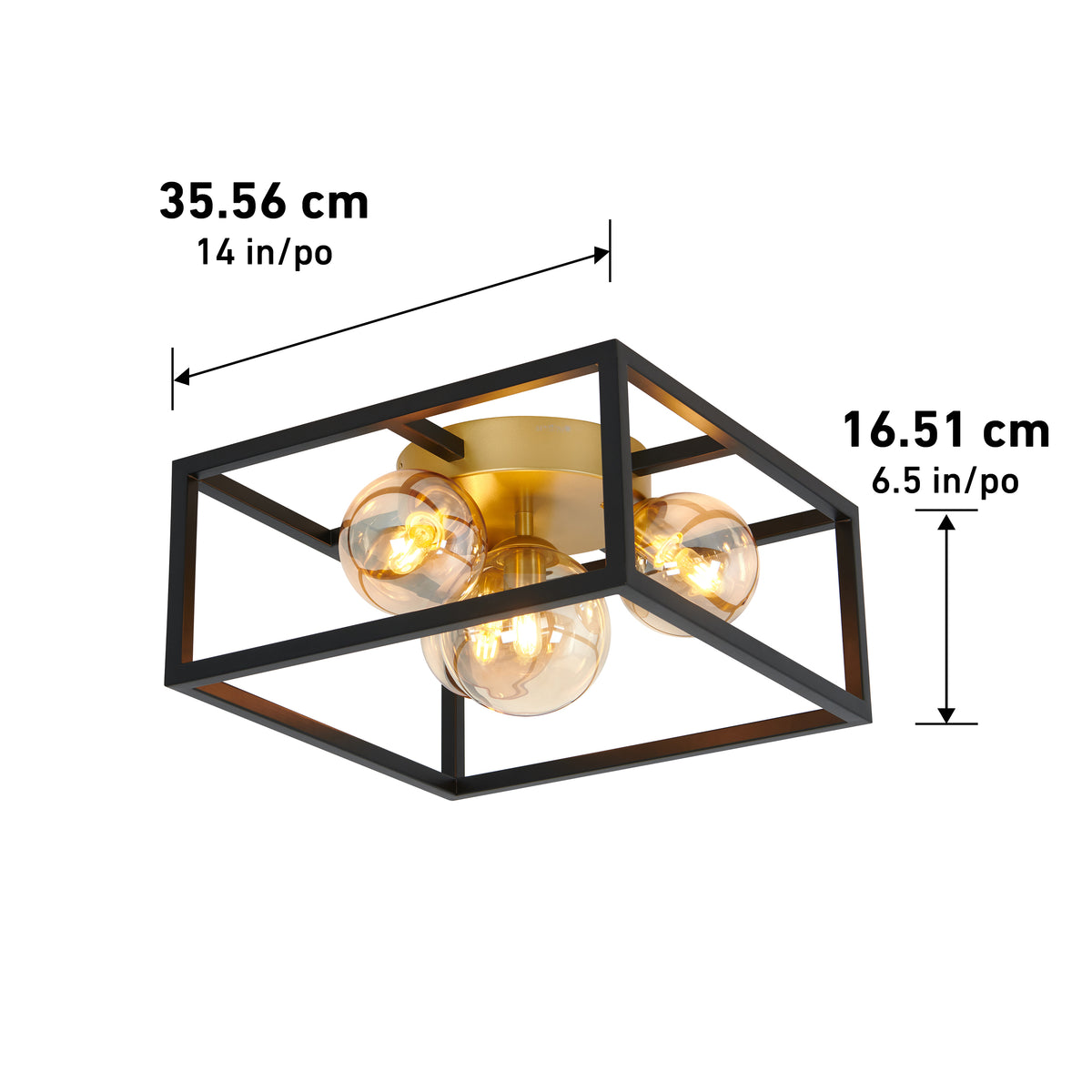 A modern ceiling light fixture with three exposed bulbs inside a black rectangular metal frame. Dimensions are labeled: 35.56 cm (14 in) wide and 16.51 cm (6.5 in) high.