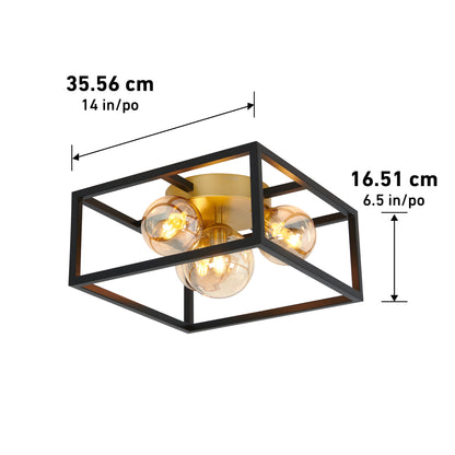 The Artika Griffintown flush mount is a black and gold rectangular ceiling light fixture with exposed round bulbs, measuring 35.56 cm (14 in) wide and 16.51 cm (6.5 in) high.