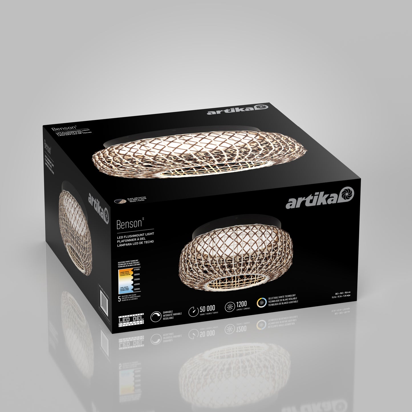 A black box featuring the Artika Benson 15 in. LED flush mount light 5 CCT, with images of the fixture, product details, certifications, and energy ratings printed on the packaging.