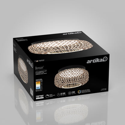 A black box featuring the Artika Benson 15 in. LED flush mount light 5 CCT, with images of the fixture, product details, certifications, and energy ratings printed on the packaging.