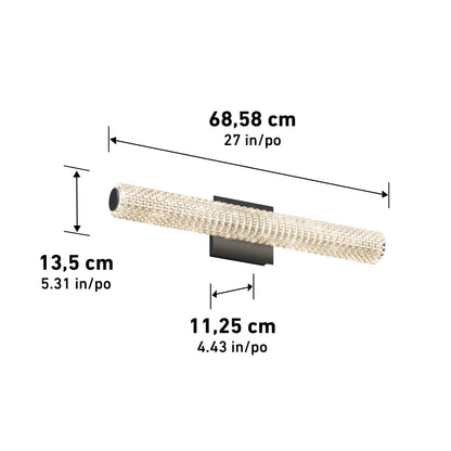 The Artika Exalto LED bathroom vanity light features a horizontal cylindrical design with a textured surface, mounted on a rectangular base. Dimensions: 68.58 cm (27 in) length, 13.5 cm (5.31 in) height, 11.25 cm (4.43 in) depth.
