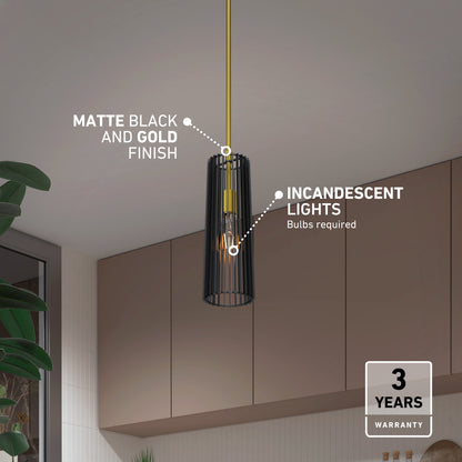 The Artika Gatsby Mini modern mid-century pendant light, with a matte black and gold finish and exposed bulb, hangs above a contemporary kitchen. Feature highlights and a 3-year warranty badge are displayed in the corner.