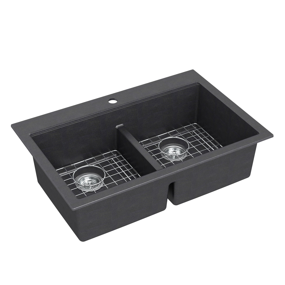 Artika Baycrest 33″ black double bowl kitchen sink with metal grids and single back faucet hole.