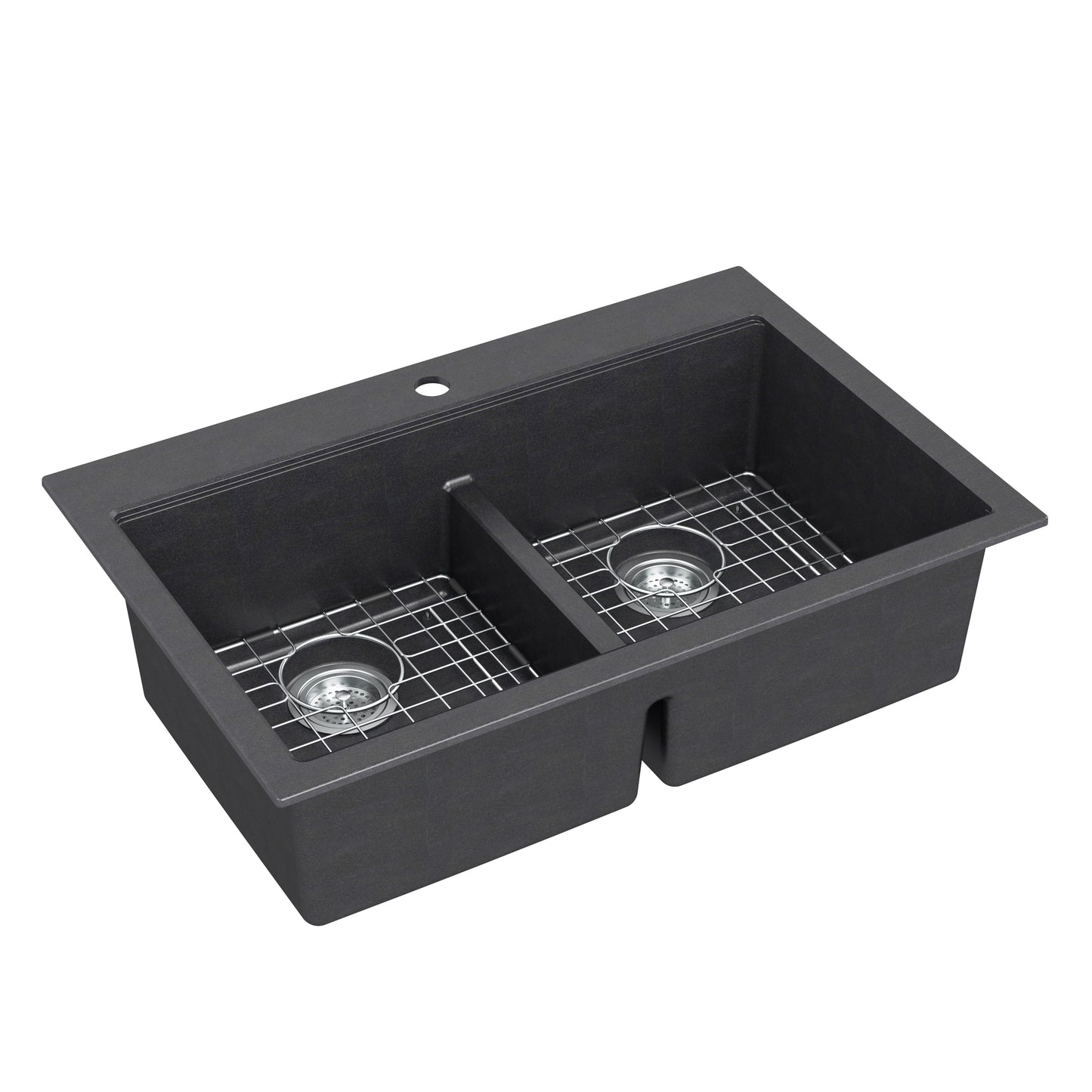 Artika Baycrest 33″ black double bowl kitchen sink with metal grids and single back faucet hole.