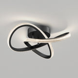 Modern ceiling light fixture with intertwined, looping black arms featuring embedded LED lights, mounted on a round black base against a light gray ceiling.