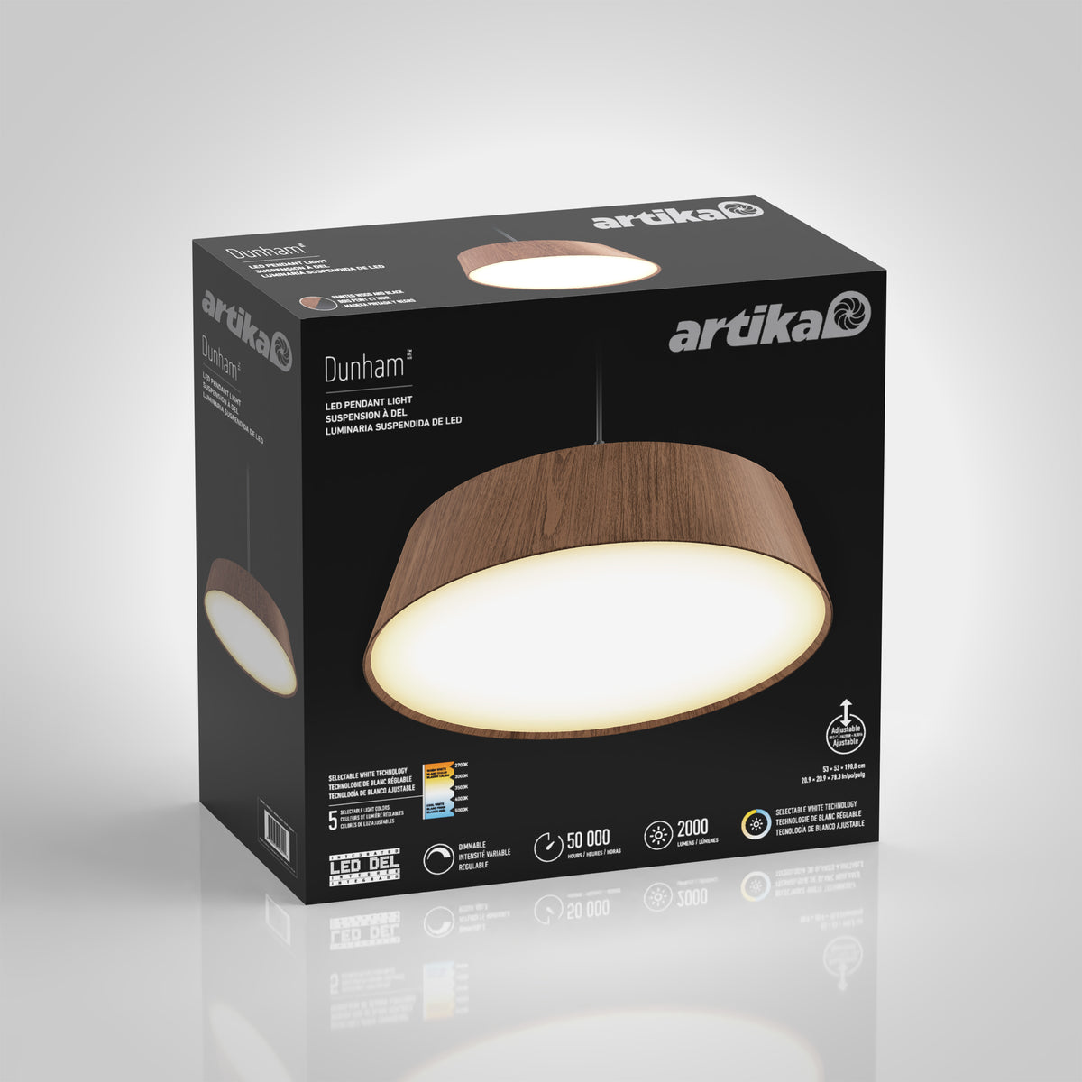 A black box featuring the Artika Dunham LED pendant light with a wood finish. The box displays the light fixture image, product details, and icons for features like 50,000-hour lifespan, 2000 lumens, and a 5-year warranty.