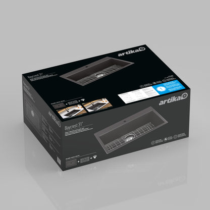 A black box of Artika Baycrest 31 in. Modern Sink with images, specs, and branding on the packaging.