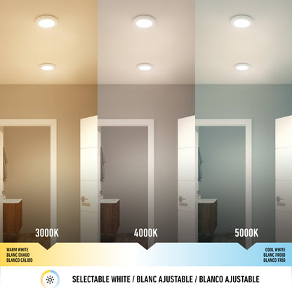 A room is lit by the Artika Europa Disk 7 in. LED flush mount light, shown in three color temperatures: warm white (3000K) on the left, neutral white (4000K) center, and cool white (5000K) right. Labels/descriptions at bottom.
